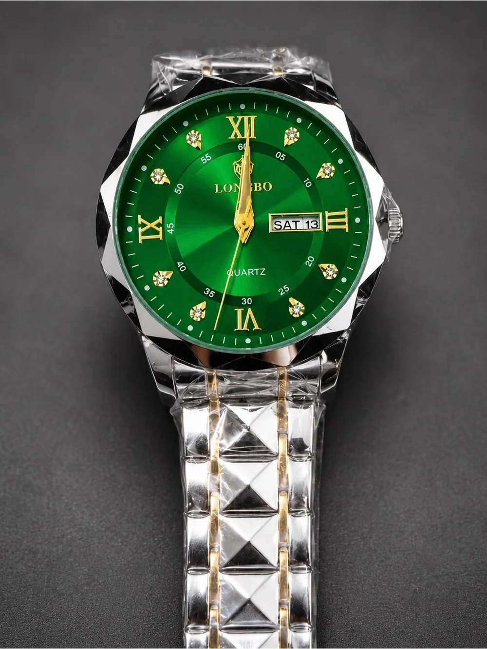 Men's Green Dial Silver-Tone Bracelet Watch with Gold Accents